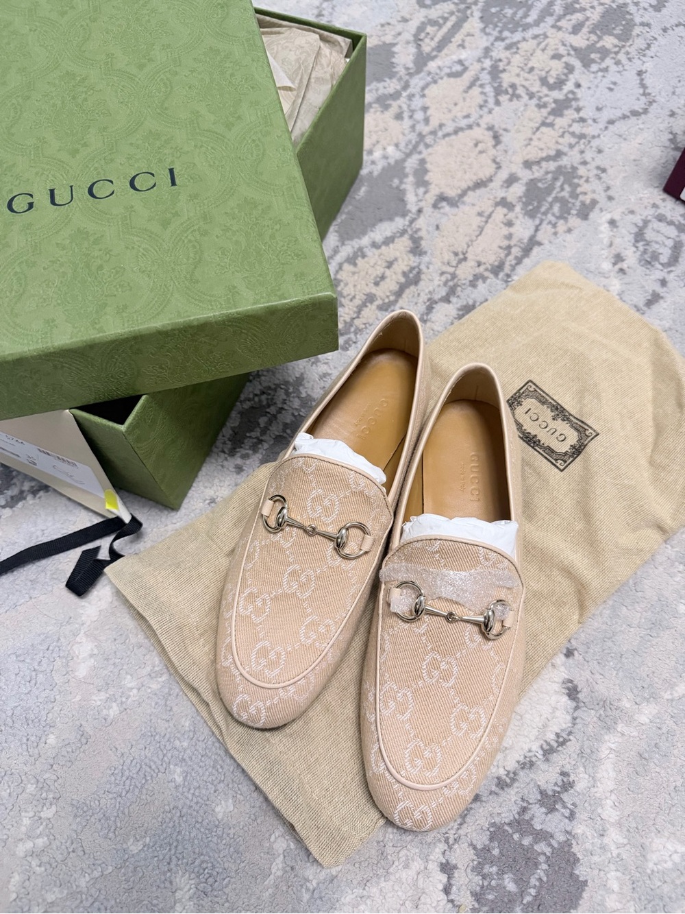 New Gucci Jordaan GG denim Moccasin Horsebit Flats loafers Soufflé Rose EU35/US5